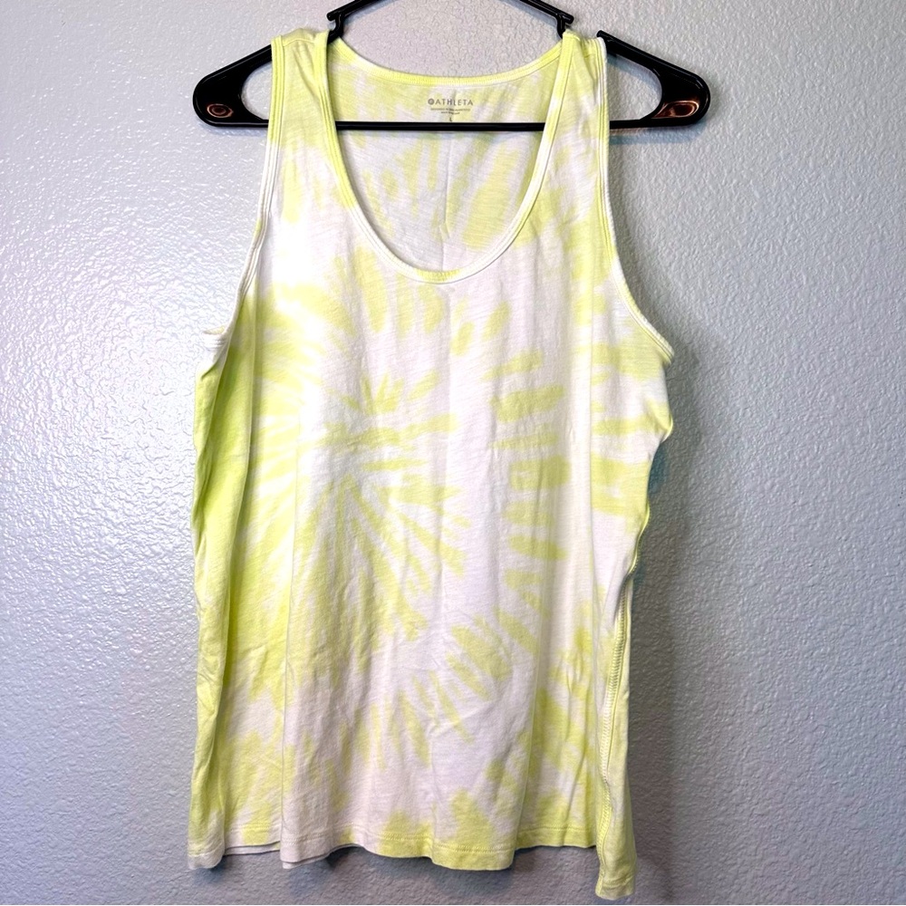 Athleta tie-dye yellow tank, size large, activewear, comfortable, casual.